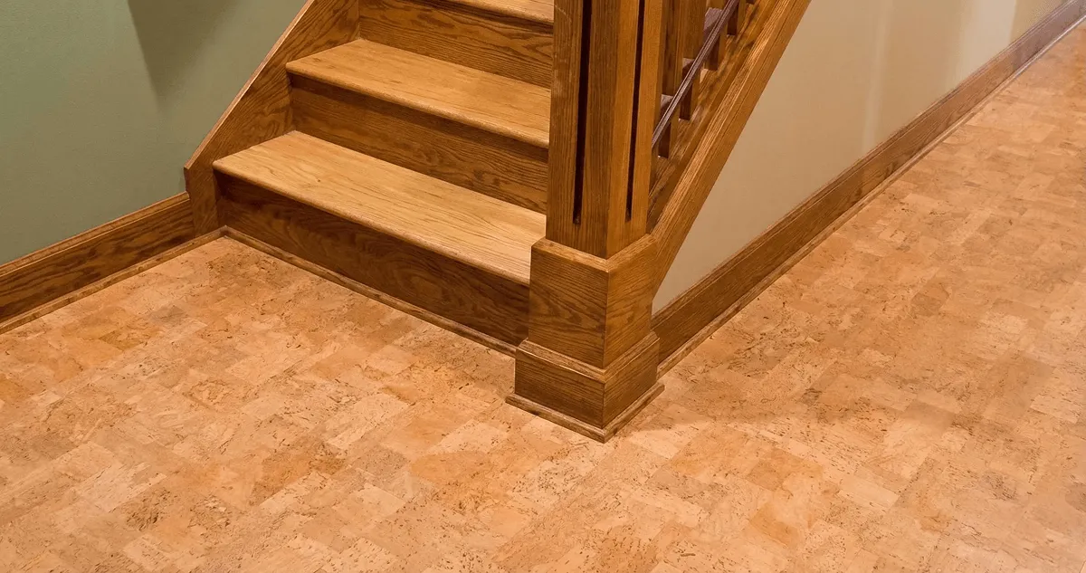End of a staircase with cork flooring in Fort Lauderdale, FL